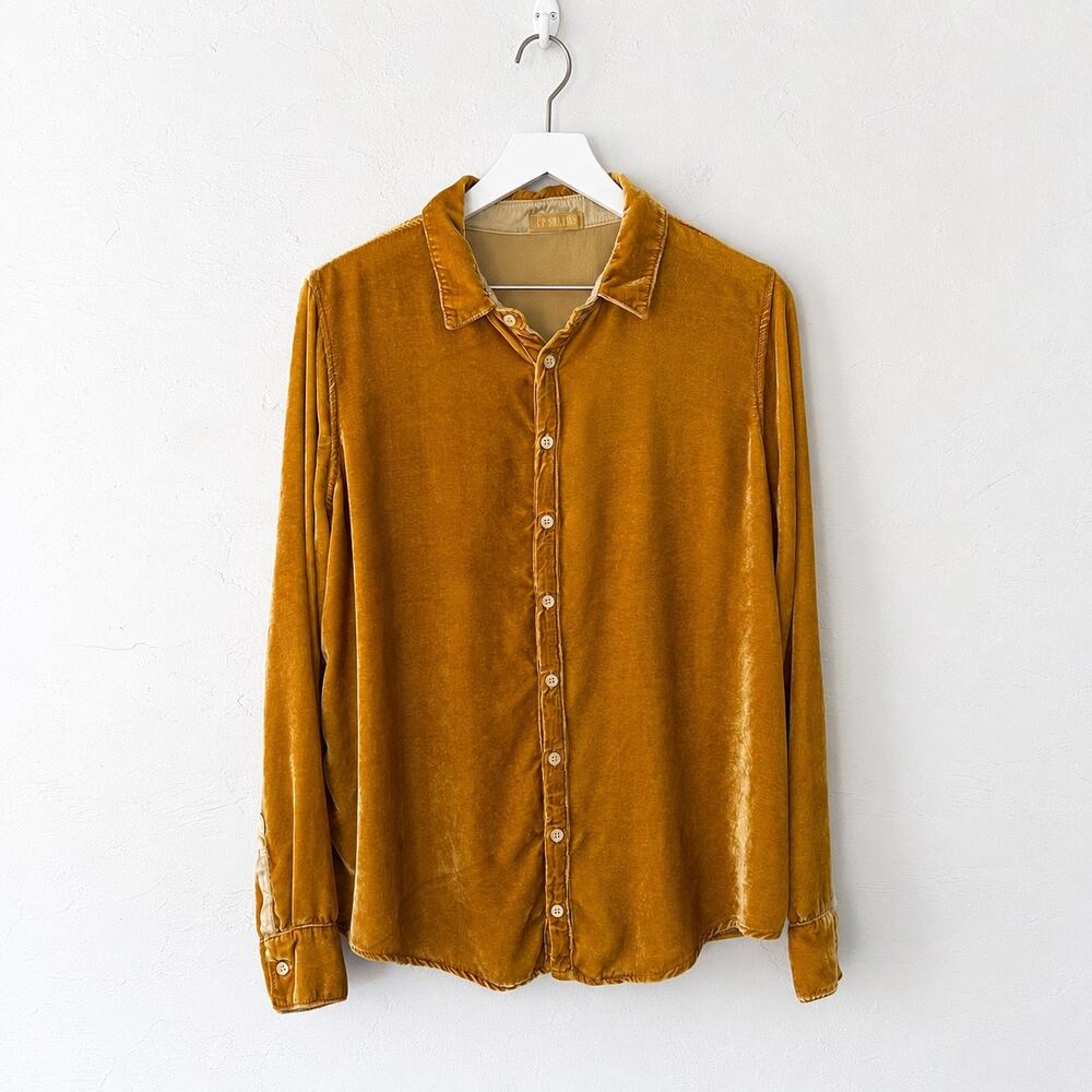 CP Shades Velvet Silk Blend Mustard Button Down Shirt Large Boho 90s
